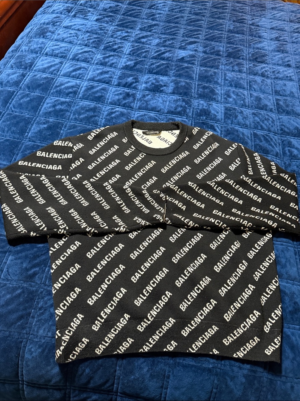 Balenciaga Black Sweater with White Logo Allover